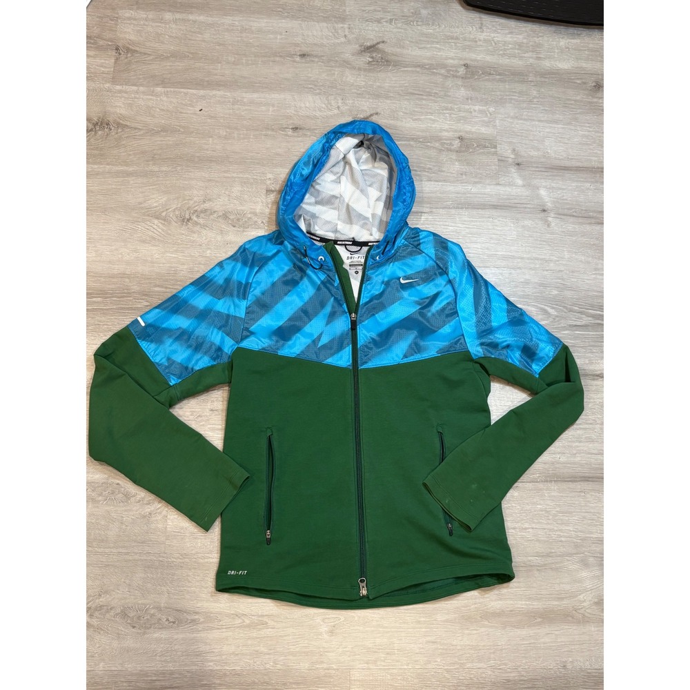 Nike Running Jacket Dri-FIT Full Zip Lightweight Hooded Green Blue M